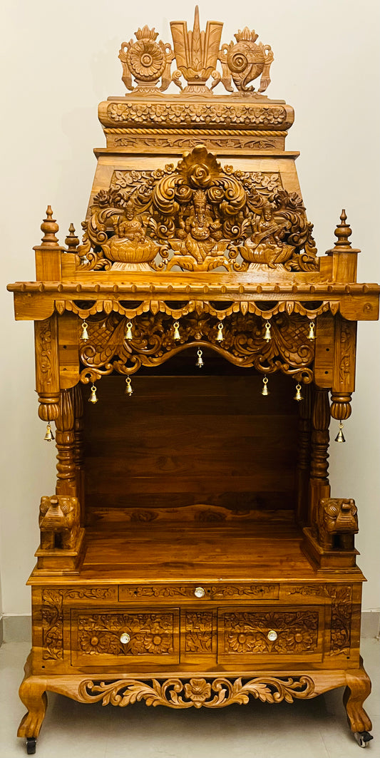 Handcrafted Teakwood Pooja Mandir with Storage - 3.5 ft Height